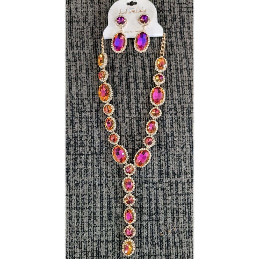 Y-shape Rhinestone Necklace and Earring Set - Picture 2 of 5